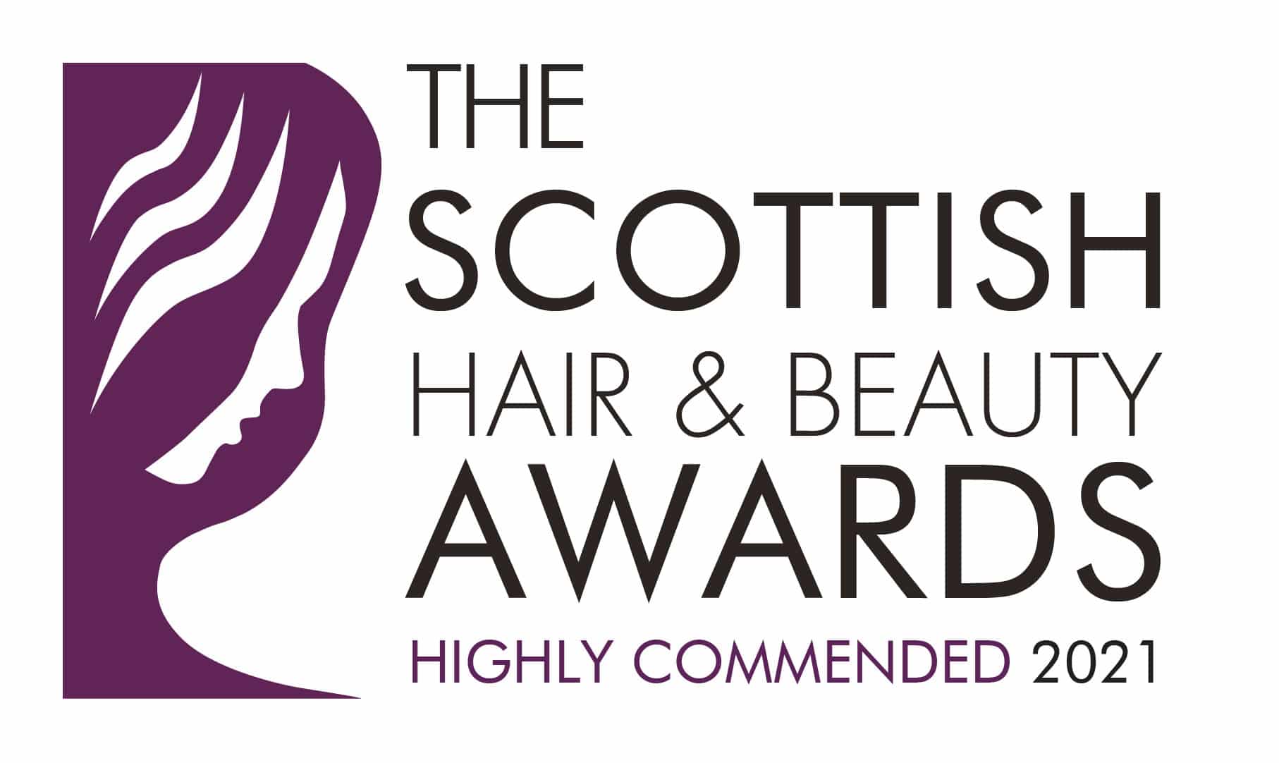 an awards image. The text reads "The Scottish Hair & Beauty Awards Highly Commended 2021"